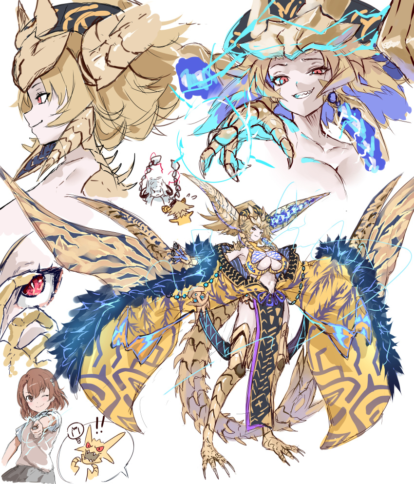 ! 3girls absurdres arkveld blonde_hair breasts brown_eyes brown_hair brown_sweater_vest clawed_feet claws cleavage_cutout clothing_cutout collarbone dragon_girl dragon_horns dragon_tail electricity flying_sweatdrops fur-trimmed_kimono fur_trim hair_between_eyes highres horns japanese_clothes kimono large_breasts looking_at_viewer misaka_mikoto monster_girl monster_hunter_(series) monster_hunter_wilds multiple_girls multiple_views navel_cutout one_eye_closed pelvic_curtain personification profile red_eyes rey_dau school_uniform sharp_teeth slit_pupils smirk stomach sweater_vest tail teeth toaru_kagaku_no_railgun toaru_majutsu_no_index tokiwadai_school_uniform trait_connection umitsuki white_hair