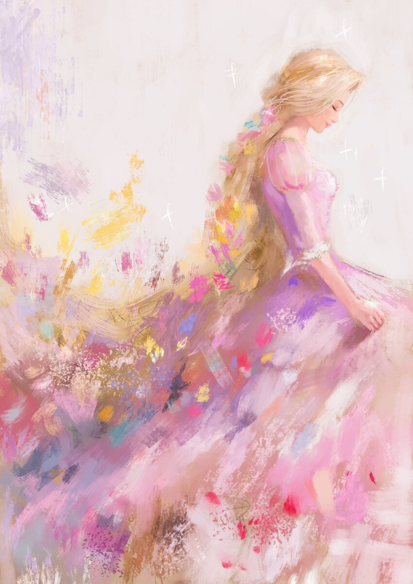 1girl blonde_hair closed_eyes disney dress fuyumurasaki highres light_smile lips long_hair painterly pink_dress princess rapunzel_(disney) solo tangled very_long_hair