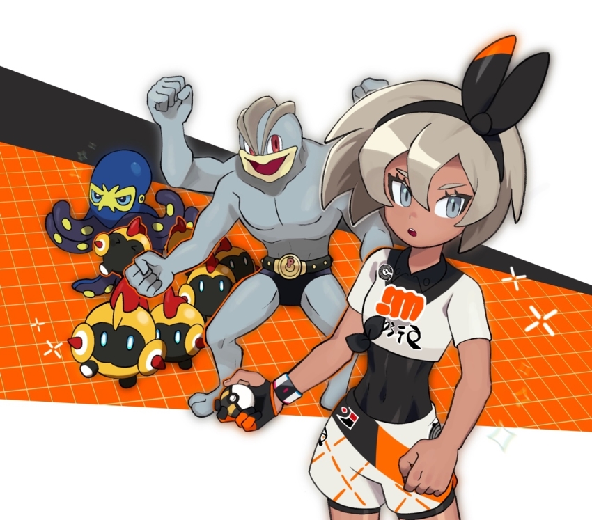 1girl :o bea_(pokemon) black_bodysuit black_hairband blonde_hair bodysuit bodysuit_under_clothes bow_hairband chirosamu clenched_hand commentary_request dynamax_band falinks gen_1_pokemon gen_8_pokemon gloves grapploct grey_eyes hair_between_eyes hairband holding holding_poke_ball machamp nintendo open_mouth partially_fingerless_gloves poke_ball pokemon pokemon_(creature) pokemon_swsh print_shirt print_shorts shirt short_hair short_sleeves shorts single_glove teeth ultra_ball upper_teeth_only