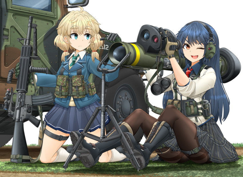 2girls absurdres anti-tank_missile assault_rifle black_footwear black_pantyhose blazer blonde_hair blue_eyes blue_hair blue_jacket blue_shirt blue_skirt boots brown_sweater closed_mouth combat_boots commentary_request dress_shirt explosive frown green_necktie grenade gun hair_tie harness headphones highres holding holding_weapon hummer jacket kneehighs kneeling lace-up_boots long_hair long_sleeves looking_at_another looking_at_viewer low_twintails m16 m47_dragon medium_hair mikeran_(mikelan) miniskirt motor_vehicle multiple_girls necktie on_ground on_shoulder one_eye_closed open_mouth orange_eyes original pantyhose plaid_clothes plaid_skirt pleated_skirt pointing red_necktie rifle school_uniform shadow shirt shoes sitting skirt sleeves_rolled_up smile socks sweater thigh_strap thighband_pantyhose tripod twintails v-neck weapon white_background white_jacket white_shirt white_socks wing_collar
