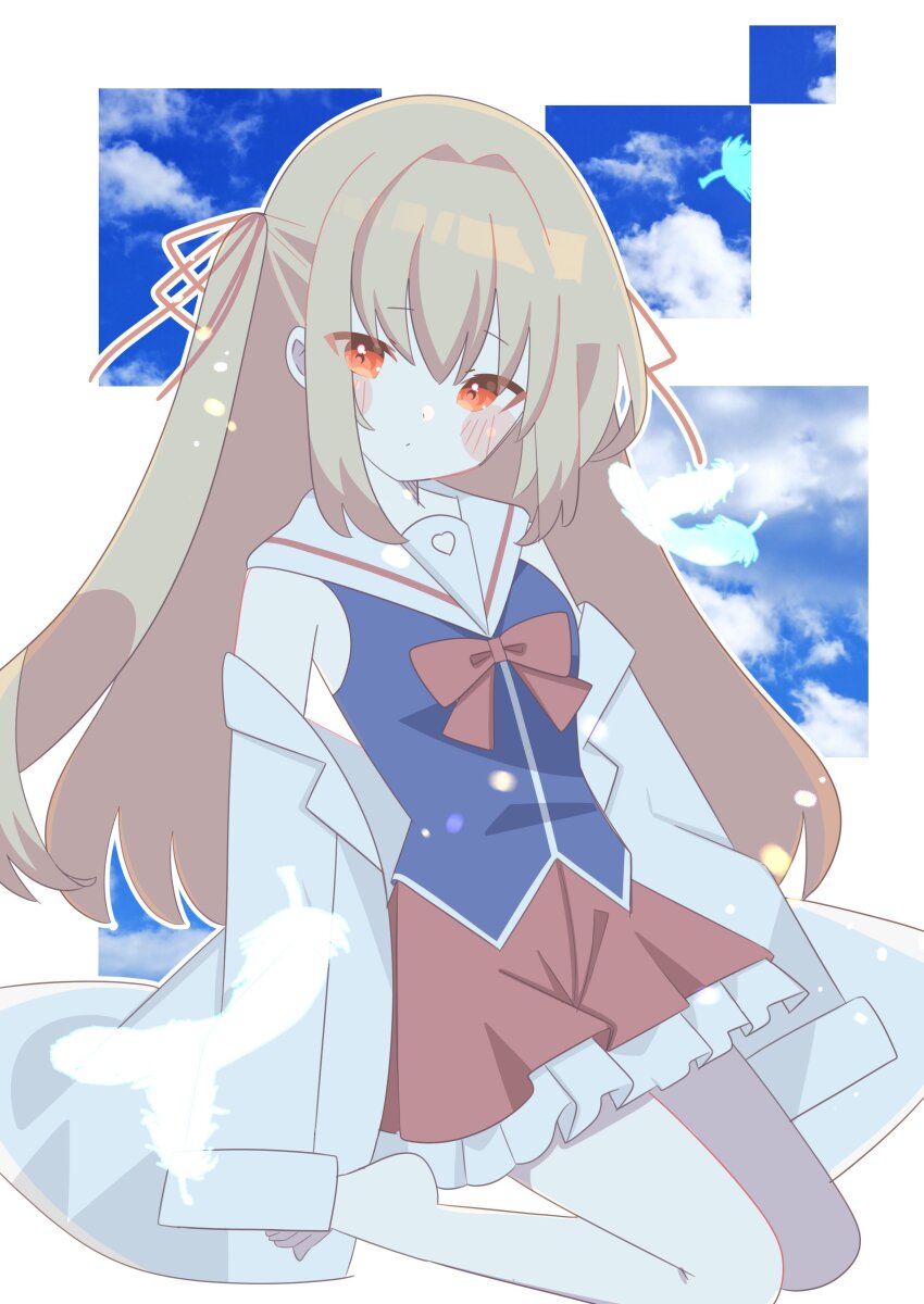 1girl 9ra4ki33 absurdres arms_at_sides bare_shoulders barefoot blonde_hair blue_shirt blue_sky blush_stickers bow bowtie closed_mouth coat coat_partially_removed commentary_request eyes_visible_through_hair frilled_skirt frills frown full_body hair_between_eyes hair_intakes hair_ribbon highres irotoridori_no_sekai kneeling lab_coat long_hair looking_at_viewer miniskirt nikaidou_shinku open_clothes open_coat outline red_bow red_bowtie red_eyes red_ribbon red_skirt ribbon sailor_collar school_uniform serafuku shirt sidelocks simple_background skirt sky sleeveless sleeveless_shirt solo two_side_up very_long_hair white_background white_outline white_sailor_collar