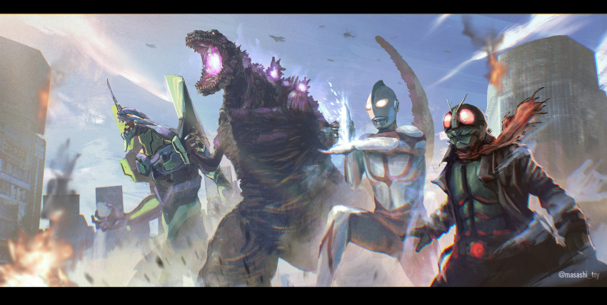 absurdres bandai blue_sky cloud cloudy_sky creator_connection crossover energy energy_beam eva_01 explosion gainax glowing glowing_eyes glowing_hand glowing_mouth glowing_spikes godzilla godzilla_(series) godzilla_(shin) highres kaiju kamen_rider kamen_rider_1 khara_(animation_studio) letterboxed lipiah_(ultra_series) masashi_toy mecha multiple_crossover neon_genesis_evangelion particle_beam particles robot shin_godzilla shin_japan_heroes_universe shin_kamen_rider shin_ultraman sky spacium_beam spikes toho tsuburaya_productions ultra_series ultraman ultraman_(1st_series)