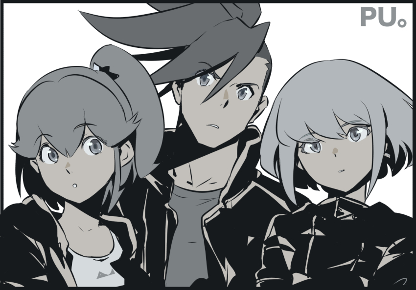 1girl 2boys aina_ardebit asymmetrical_hair commentary english_commentary galo_thymos greyscale lio_fotia matahei mohawk monochrome multiple_boys promare short_hair side_ponytail sidecut undercut white_background