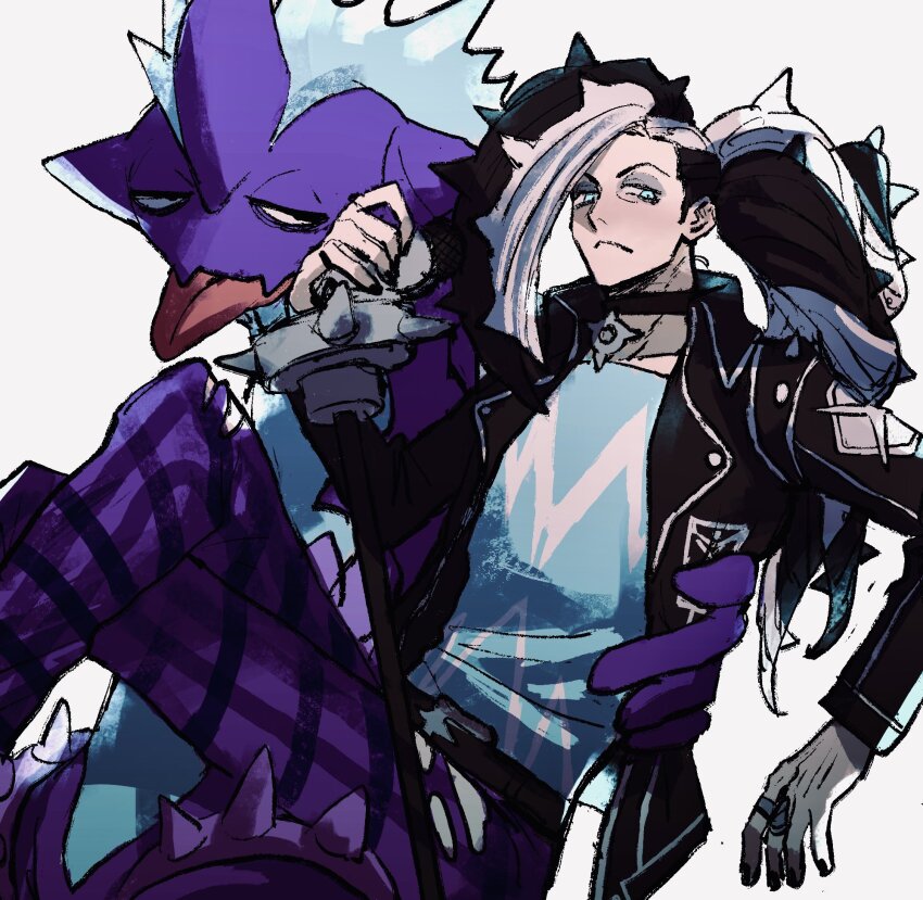1boy black_hair black_jacket blue_eyes blue_shirt eyeshadow gen_8_pokemon highres jacket makeup male_focus microphone_stand multicolored_hair nail_polish nintendo official_alternate_costume open_clothes open_jacket pants piers_(pokemon) piers_(sygna_suit)_(pokemon) plaid_clothes plaid_pants pokemon pokemon_(creature) pokemon_masters_ex shirt suru_(ekxbe9) tongue tongue_out torn_clothes torn_pants toxtricity toxtricity_(low_key) two-tone_hair white_hair