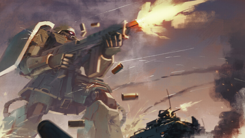 absurdres armored_personnel_carrier armored_vehicle battle cable cannon cloud commentary english_commentary explosion firing gun gundam gundam_0080 gundam_08th_ms_team highres icemarv14 machine_gun machinery mecha military_vehicle mobile_suit motor_vehicle realistic robot science_fiction shell_casing shield shoulder_spikes smoke spikes tank war weapon zaku zaku_ii zaku_ii_fz_kai zeon