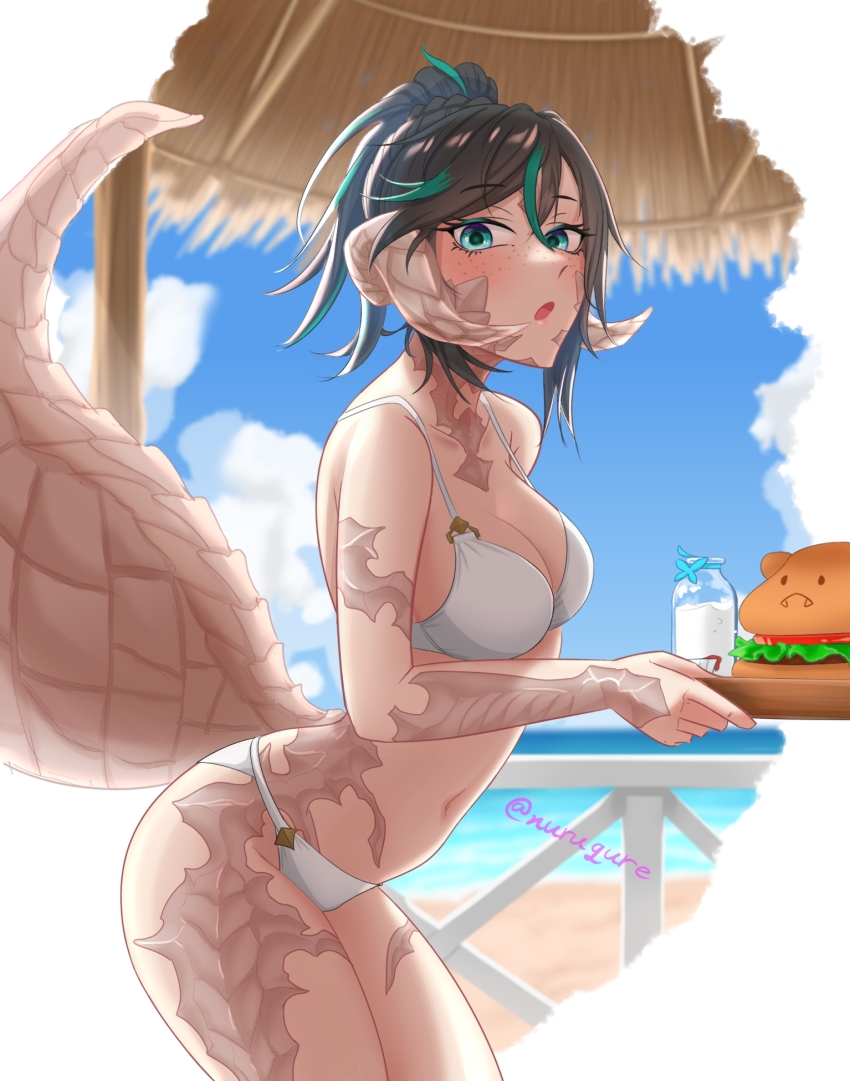 1girl artist_name au_ra beach bikini black_hair bottle breasts burger cleavage dragon_horns dragon_tail final_fantasy final_fantasy_xiv food freckles from_side green_eyes hair_between_eyes highres holding holding_tray horns hut lips looking_at_viewer medium_breasts medium_hair milk_bottle multicolored_hair navel nurugure_(m176g) open_mouth scales solo streaked_hair swimsuit tail tray warrior_of_light_(ff14) white_bikini wooden_tray