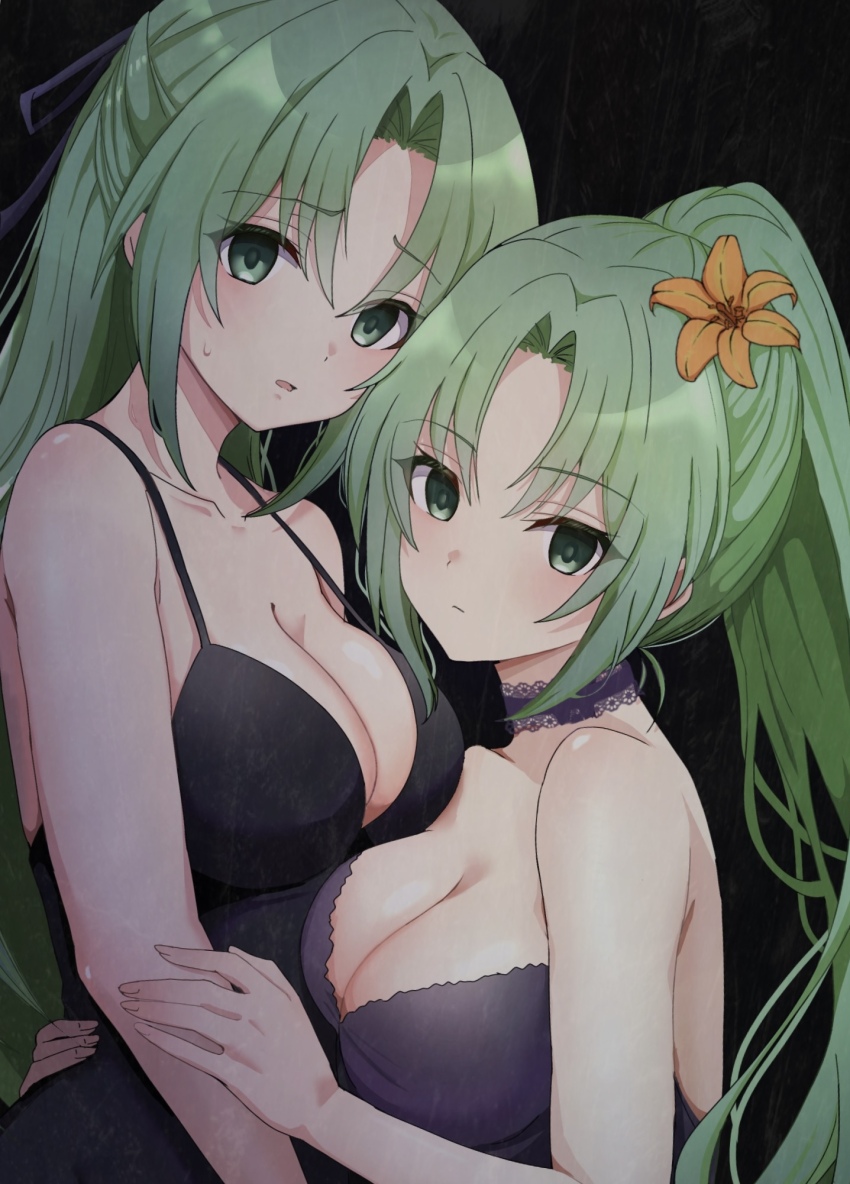 2girls bare_arms bare_shoulders black_bow black_dress black_ribbon blush bow breast_press breasts choker cleavage closed_mouth collarbone dress empty_eyes expressionless flower frown green_eyes green_hair hair_flower hair_ornament hair_ribbon highres higurashi_no_naku_koro_ni large_breasts lily_(flower) long_hair looking_at_viewer multiple_girls official_alternate_costume open_mouth parted_bangs parted_lips ponytail ribbon ribbon_choker scared siblings sidelocks sisters sleeveless sleeveless_dress sonozaki_mion sonozaki_shion spaghetti_strap sweatdrop symmetrical_docking twins upper_body yellow_flower yuno_ff