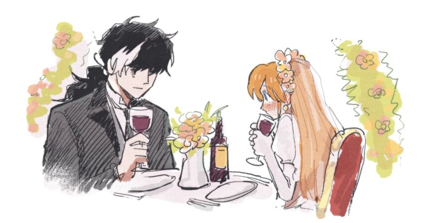 1boy 1girl 79x_(ox79xo) ace_attorney athena_cykes black_hair black_jacket black_necktie blush bottle bridal_veil closed_mouth cup dress drinking_glass earrings elbow_gloves flower flower_hairband gloves holding holding_cup jacket jewelry juliet_sleeves long_hair long_sleeves multicolored_hair necktie orange_hair phoenix_wright:_ace_attorney_-_dual_destinies plate profile puffy_sleeves shirt simon_blackquill smile two-tone_hair vase veil white_dress white_gloves white_hair white_shirt wine_glass
