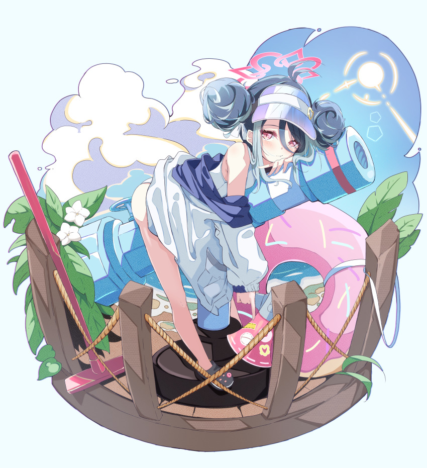 1girl :t absurdres antenna_hair black_footwear blue_archive blue_hair blue_sky breasts cannon cloud crocs double_bun flower fubuki_(blue_archive) fubuki_(swimsuit)_(blue_archive) hair_between_eyes hair_bun halo head_rest highres innertube jacket kanikama_acedia long_sleeves looking_at_viewer lying mop multicolored_hair official_alternate_costume on_stomach one-piece_swimsuit open_clothes open_jacket outdoors pink_halo red_eyes school_swimsuit short_hair sky small_breasts solo sun swim_ring swimsuit visor_cap white_flower white_jacket white_one-piece_swimsuit