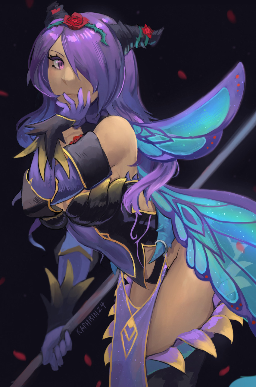 1girl absurdres armor black_armor black_panties camilla_(fire_emblem) camilla_(resplendent)_(fire_emblem) fake_horns fire_emblem fire_emblem_fates fire_emblem_heroes gloves hair_over_one_eye highres holding holding_polearm holding_weapon horns kaphrin nintendo official_alternate_costume panties polearm purple_gloves purple_hair thorns underwear wavy_hair weapon