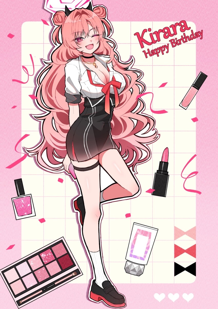 1girl ;d blue_archive blush breasts choker cleavage cosmetics double_bun fang hair_bun halo highres horns i-nn jewelry kirara_(blue_archive) large_breasts lipstick looking_at_viewer makeup makeup_palette nail_polish_bottle necklace one_eye_closed open_mouth pink_eyes pink_hair school_uniform skirt smile socks solo thigh_strap white_socks