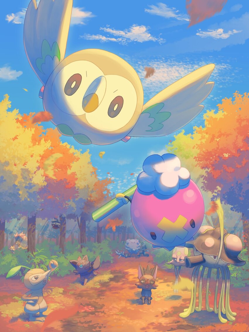 autumn bird blissey bush cinderace cloud commentary_request day deerling drifloon falling_leaves flying gen_2_pokemon gen_3_pokemon gen_4_pokemon gen_5_pokemon gen_7_pokemon gen_8_pokemon highres holding leaf lucario mokukitusui nickit nintendo no_humans nuzleaf outdoors path pineco pokemon pokemon_(creature) road rowlet sawsbuck sky toedscool toedscruel tree zorua