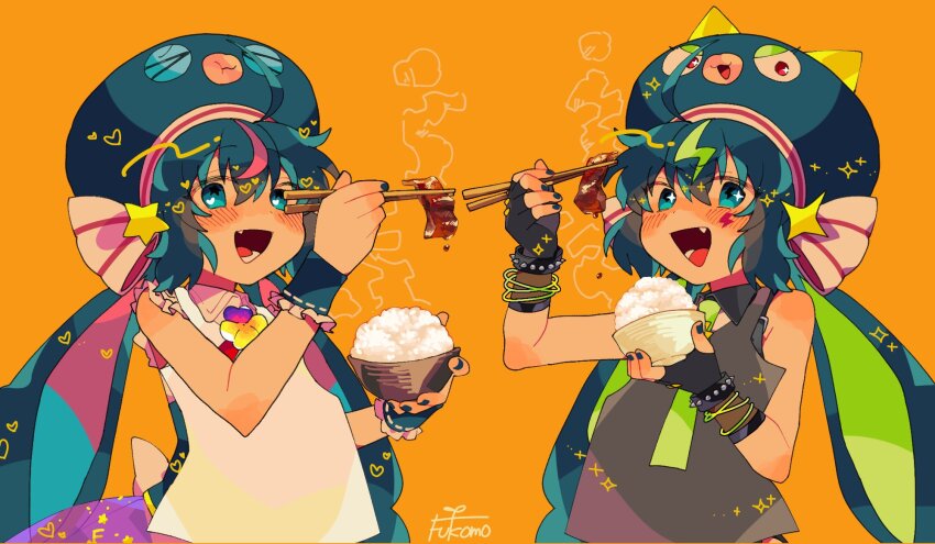 &gt;_&lt; 2girls ahoge apron back_bow black_apron black_gloves black_nails black_shirt blonde_hair blue_eyes blue_hair blush bow bowl bracelet brooch chopsticks collared_shirt commentary_request dripping dual_persona facial_mark fang fingerless_gloves food frilled_shirt frills fukomo gloves green_necktie hands_up hat_ornament heart heart_in_eye highres holding holding_bowl holding_chopsticks jewelry lightning_bolt_symbol long_hair looking_at_viewer low_twintails meat multicolored_hair multiple_girls necktie open_mouth orange_background otomachi_una otomachi_una_(spicy) otomachi_una_(sugar) otomachi_una_(vocaloid6_spicy) otomachi_una_(vocaloid6_sugar) pink_hair pink_shirt purple_skirt raised_eyebrows rice rice_bowl shirt signature simple_background skirt sleeveless sleeveless_shirt smile sparkle sparkling_eyes spiked_bracelet spikes star_(symbol) star_hat_ornament steam streaked_hair symbol_in_eye twintails upper_body v-shaped_eyebrows very_long_hair vocaloid white_apron white_bow wrist_cuffs