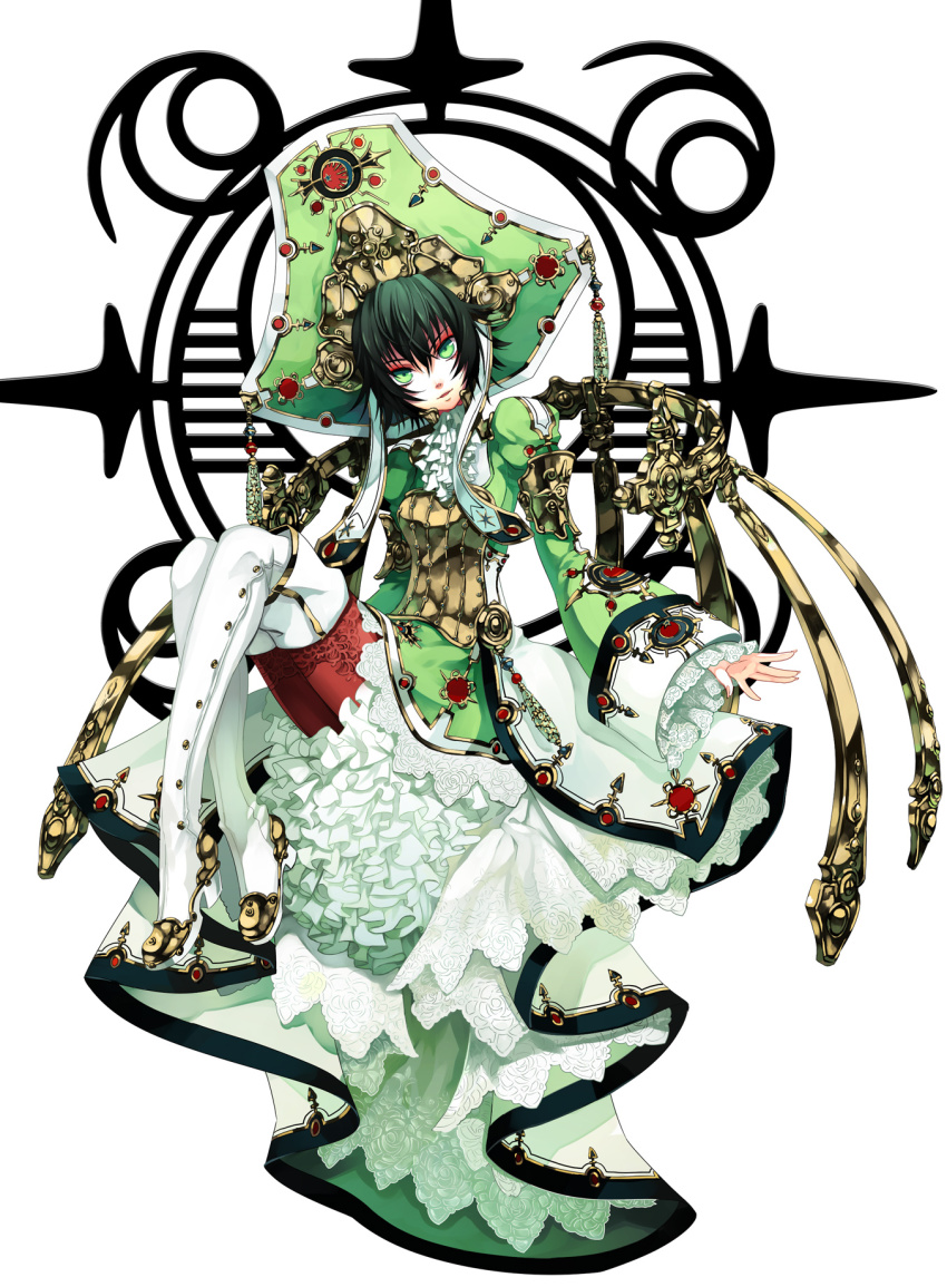 00s 1girl androgynous ascot black_hair boots brooch dress female_focus flat_chest frills gradient_hair green_eyes green_hair hat head_tilt headdress highres jewelry lace matching_hair/eyes multicolored_hair nail_polish osamu_(jagabata) pink_nails seth_nightroad short_hair simple_background sitting smile solo thigh_boots thighhighs trinity_blood white_thighhighs