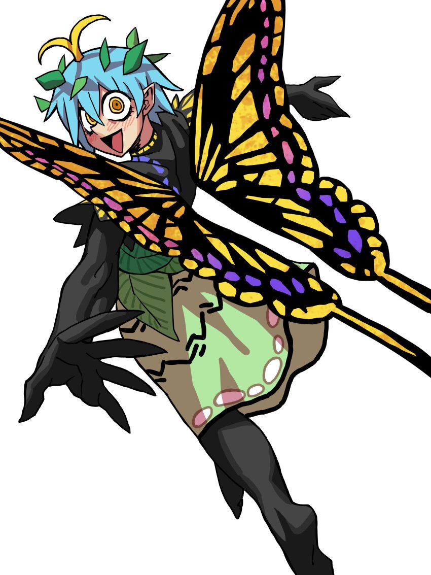 1girl absurdres antennae bare_legs barefoot black_skin blue_hair blush butterfly_wings colored_skin dress eddybird55555 eternity_larva fingernails green_dress hair_ornament highres insect_wings leaf leaf_hair_ornament leaf_on_head looking_back multicolored_wings outstretched_arms pointy_ears sharp_fingernails short_hair simple_background smile solo spread_arms touhou wide-eyed wings yellow_eyes