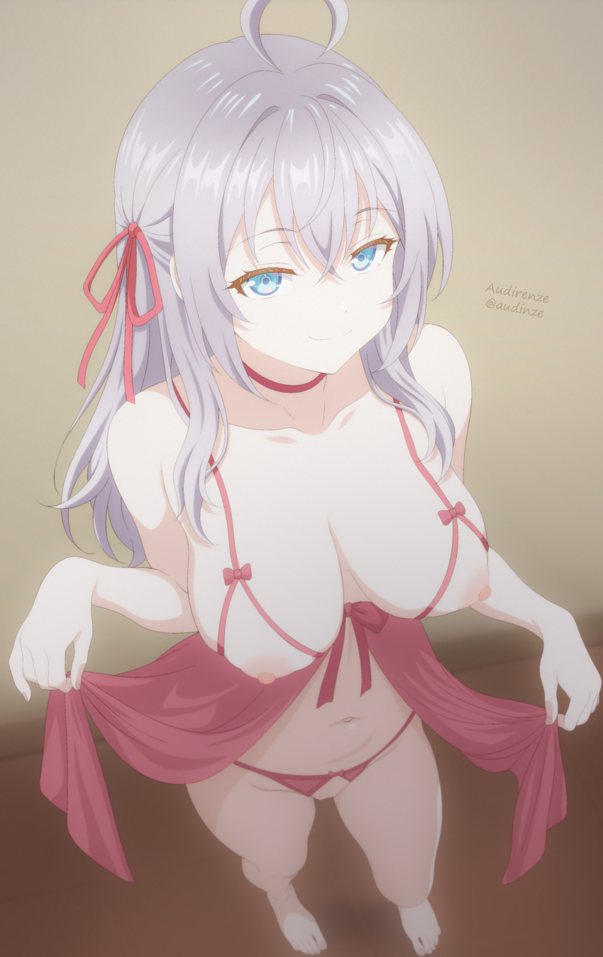 1girl absurdres ahoge alisa_mikhailovna_kujou artist_name audirenze barefoot blue_eyes breasts choker closed_mouth clothing_cutout covered_erect_nipples crotch_cutout feet grey_hair hair_ribbon highres large_breasts lingerie long_hair looking_at_viewer navel no_shoes no_socks panties pink_panties red_choker red_ribbon ribbon smile solo toes tokidoki_bosotto_roshia-go_de_dereru_tonari_no_alya-san underwear