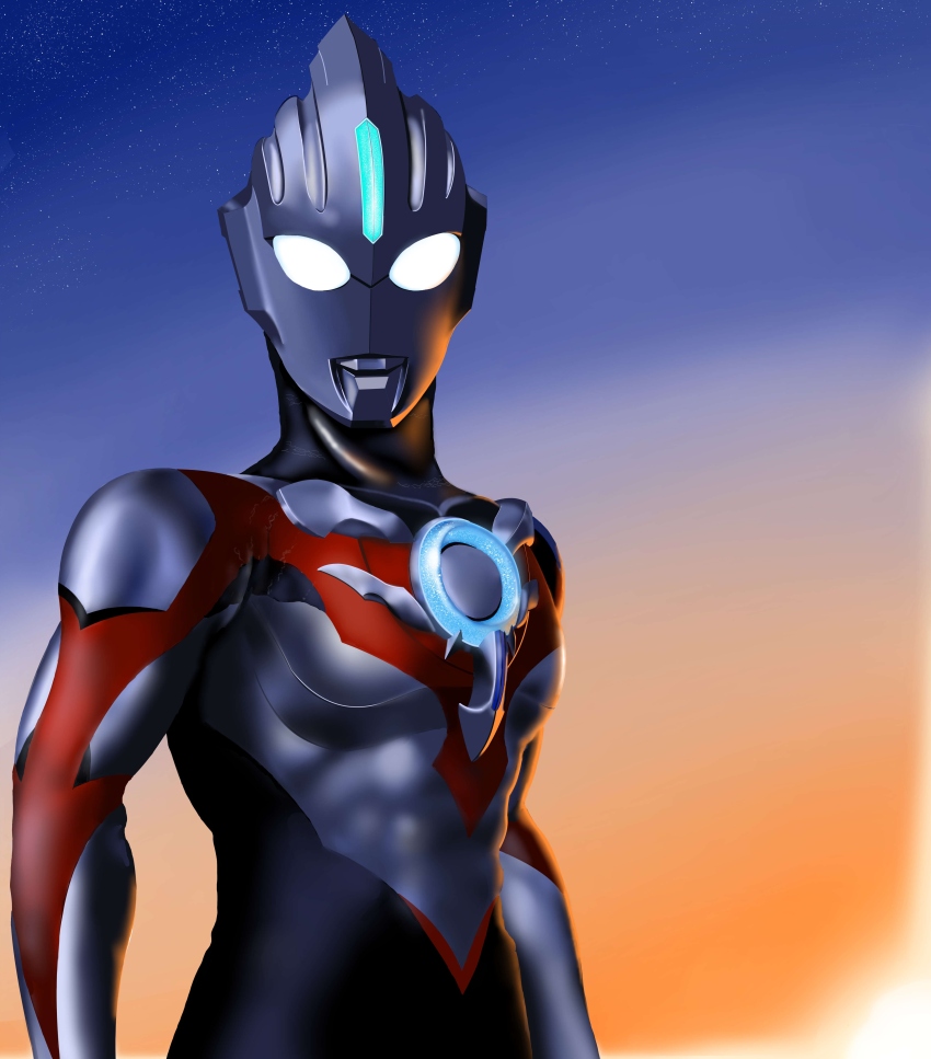 1boy absurdres alien arms_at_sides black_skin blue_sky collarbone color_timer colored_skin commentary compound_eyes dorsal_fin glowing glowing_eyes gradient_sky highres looking_at_viewer male_focus multicolored_skin no_pupils orange_sky outdoors pectorals red_skin shining_gold_montblanc silver_skin sky solo standing star_(sky) starry_sky sunset tokusatsu toned toned_male turning_head ultra_series ultraman_orb ultraman_orb_(series) upper_body white_eyes