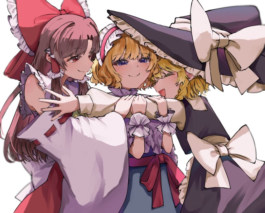 3girls alice_margatroid apron ascot back_bow black_hat black_skirt black_vest blonde_hair bow braid brown_hair capelet closed_mouth commentary_request detached_sleeves frilled_bow frilled_hair_tubes frilled_hairband frills hair_bow hair_tubes hairband hakurei_reimu hat hat_bow hug jingai_(k1bun) kirisame_marisa lolita_hairband long_hair long_sleeves multiple_girls open_mouth pink_hairband red_bow red_eyes red_skirt ribbon-trimmed_sleeves ribbon_trim short_hair side_braid single_braid skirt skirt_set smile touhou vest waist_apron white_apron white_bow white_capelet witch_hat wrist_cuffs yellow_ascot