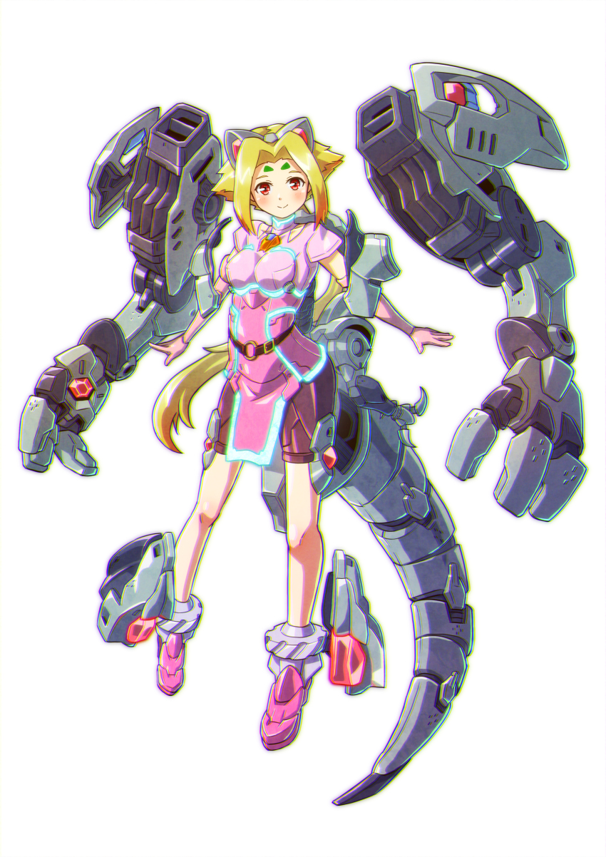 1girl absurdres bike_shorts blonde_hair boots breasts cosplay fiona_(zoids) highres ibuki_sakura_(sgw_v07) long_hair looking_at_viewer low_ponytail mecha_musume mechanical_ears mechanical_tail open_hands pink_boots pink_shirt ponytail purple_shorts red_eyes shirt shorts small_breasts solo tail white_background zeke_(zoids) zeke_(zoids)_(cosplay) zoids zoids_chaotic_century