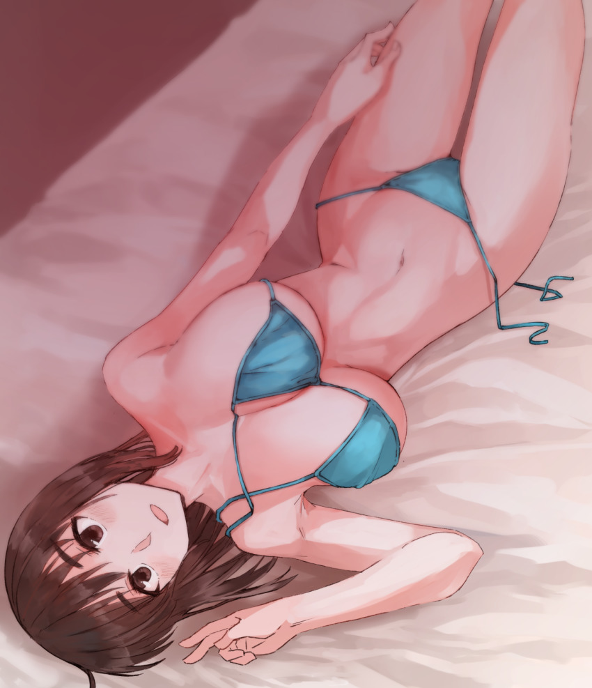 1girl aqua_bikini bed_sheet bikini black_hair blush breasts brown_eyes collarbone commentary cosaten halterneck highres large_breasts looking_at_viewer lying medium_hair navel on_back on_bed open_mouth parted_lips school_rumble side-tie_bikini_bottom solo string_bikini suou_mikoto_(school_rumble) swimsuit untied_bikini