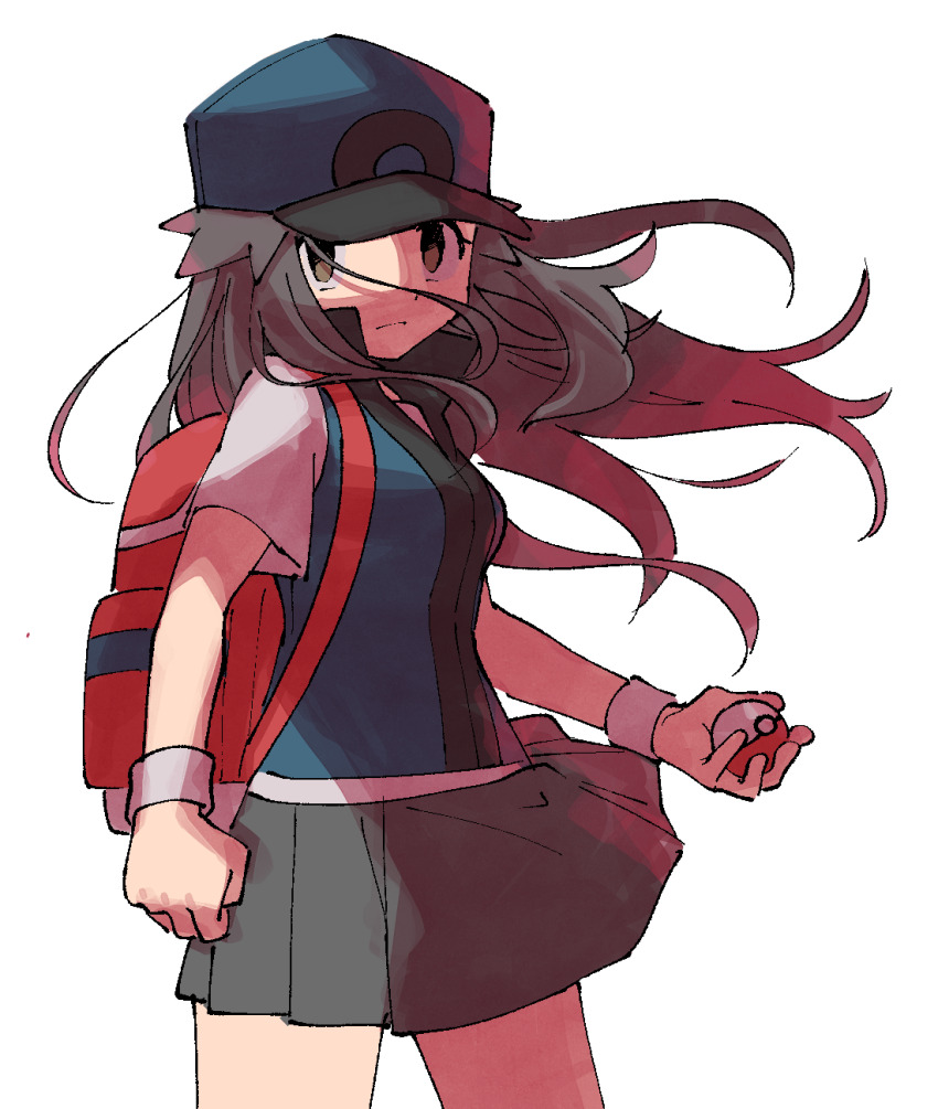 1girl adapted_costume backpack bag black_hair blue_hat blue_vest breasts brown_eyes commentary_request cosplay empty_eyes grey_skirt hat highres holding holding_poke_ball leaf_(pokemon) long_hair medium_breasts miniskirt nintendo pleated_skirt poke_ball poke_ball_(basic) pokemon pokemon_masters_ex pumpkinpan red_(pokemon) red_(pokemon)_(cosplay) skirt solo vest wristband