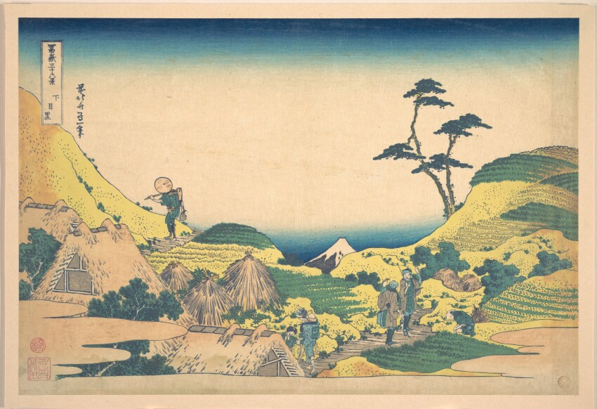19th_century 1girl 5boys absurdres baby bald bird blue_sky carrying carrying_person cloud facing_away fine_art_parody gradient_sky hat highres hill hokusai japan japanese_clothes japanese_text kimono landscape looking_at_another mount_fuji mountain multiple_boys nihonga original outdoors parody scenery sky straw_hat thatched_roof thirty-six_views_of_mount_fuji traditional_media translation_request tree ukiyo-e volcano