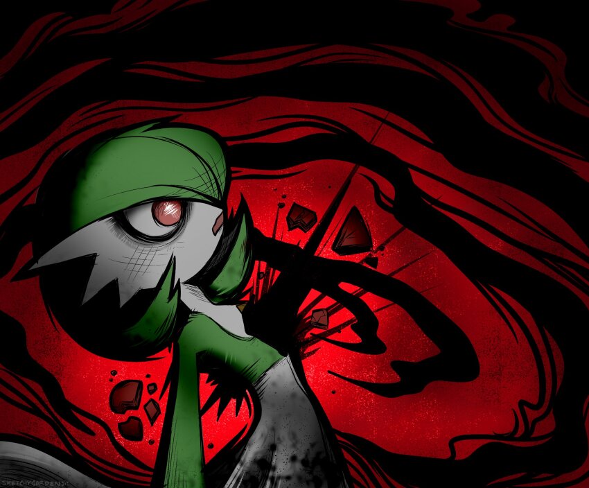 blood blood_splatter bob_cut colored_skin dirty dirty_face from_side gardevoir gen_3_pokemon green_hair green_skin highres multicolored_skin nintendo open_mouth pink_eyes pokemon pokemon_(creature) shattered sketchygarden two-tone_skin white_skin