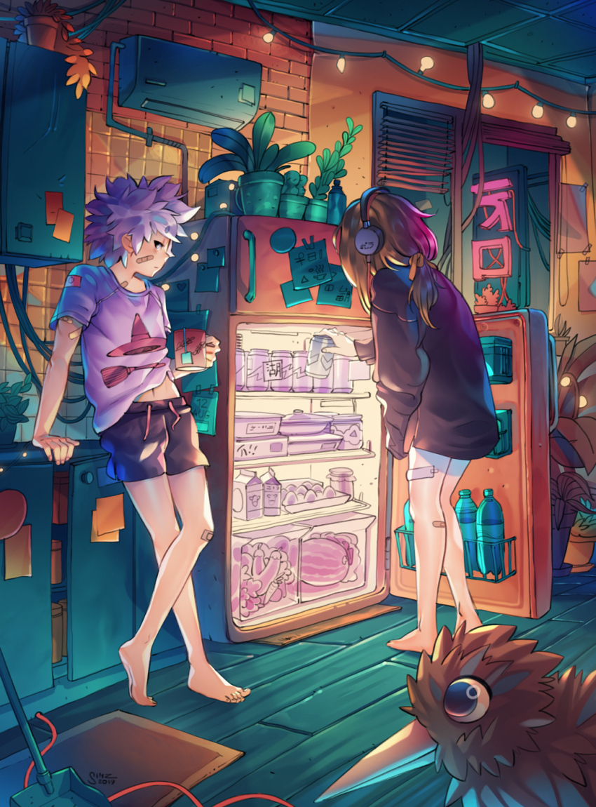1boy 1girl air_conditioner arm_support artist_name bandaid bandaid_on_arm bandaid_on_cheek bandaid_on_face bandaid_on_knee bandaid_on_leg bandaid_on_neck barefoot bird black_headphones black_hoodie black_shorts brown_hair cabinet can carrot clothes_lift commentary counter cup dated drink_can eggplant facing_away food fruit hair_ribbon heel_up highres holding holding_can holding_cup hood hoodie indoors kiwi_(bird) leaning_back long_hair looking_at_viewer low_ponytail melon milk_carton mug navel neon_sign orange_ribbon original pink_hair pink_shirt plant ponytail potted_plant print_shirt profile refrigerator refrigerator_interior ribbon rug shirt shirt_lift short_hair shorts simz soda_bottle soda_can standing string_of_light_bulbs teabag window window_blinds wooden_floor