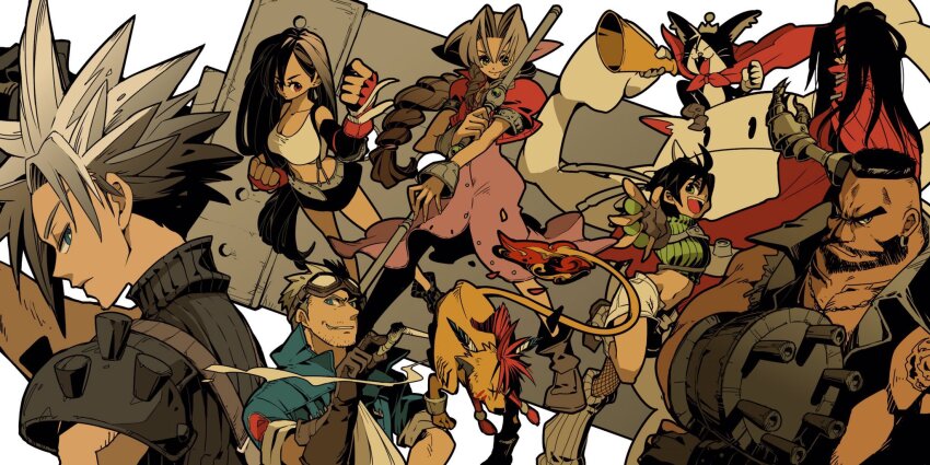 3girls 5boys aerith_gainsborough animal animal_on_head arm_tattoo armor ascot asymmetrical_legwear bandaged_hand bandages bangle bare_shoulders barret_wallace beard belt black_fur black_gloves black_hair black_skirt black_socks blue_eyes blue_jacket boots bracelet braid braided_ponytail breasts brown_boots brown_eyes brown_hair buster_sword cait_sith_(final_fantasy) cape cat cat_on_head center_opening chain chain_necklace chest_strap cid_highwind cigarette clawed_gauntlets cleavage cloak closed_mouth cloud_strife crop_top cropped_jacket crown d_d_work dark-skinned_male dark_skin dress earrings elbow_gloves elbow_pads facial_hair facial_mark fangs fangs_out feather_hair_ornament feathers final_fantasy final_fantasy_vii fingerless_gloves fire flame-tipped_tail full_body furrowed_brow gloves goggles goggles_on_head green_eyes green_shirt grey_belt grey_shirt grey_vest grin hair_ornament hair_ribbon headband highres holding holding_cigarette holding_megaphone holding_staff holding_sword holding_weapon jacket jewelry large_breasts long_dress long_hair loose_socks materia megaphone midriff mini_crown miniskirt moogle multiple_boys multiple_girls necklace on_head open_fly open_mouth orange_fur parted_bangs pauldrons pink_dress pink_ribbon prosthetic_weapon puffy_short_sleeves puffy_sleeves red_cape red_cloak red_eyes red_gloves red_hair red_headband red_jacket red_xiii ribbon scar scar_across_eye scar_on_face sharp_teeth shirt short_hair short_sleeves shorts shoulder_armor sidelocks single_braid single_elbow_pad single_fishnet_legwear single_pauldron skirt skull_tattoo sleeveless sleeveless_turtleneck sleeves_rolled_up smile smirk smoke socks staff stubble sword tail tattoo teeth tifa_lockhart turtleneck tuxedo_cat two-tone_fur upper_body very_short_hair vest vincent_valentine weapon white_ascot white_fur white_gloves white_shirt white_shorts yuffie_kisaragi