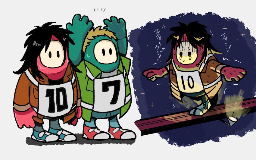 2boys arms_up balancing black_hair blonde_hair blue_footwear blue_pants brown_jacket commentary_request fall_guy fall_guys full_body green_shirt highres inudori itou_kaiji jacket kaiji long_hair male_focus multiple_boys nervous_sweating pants race_bib red_footwear sahara_makoto shirt shoes short_hair sneakers standing steel_beam sweat walking white_background