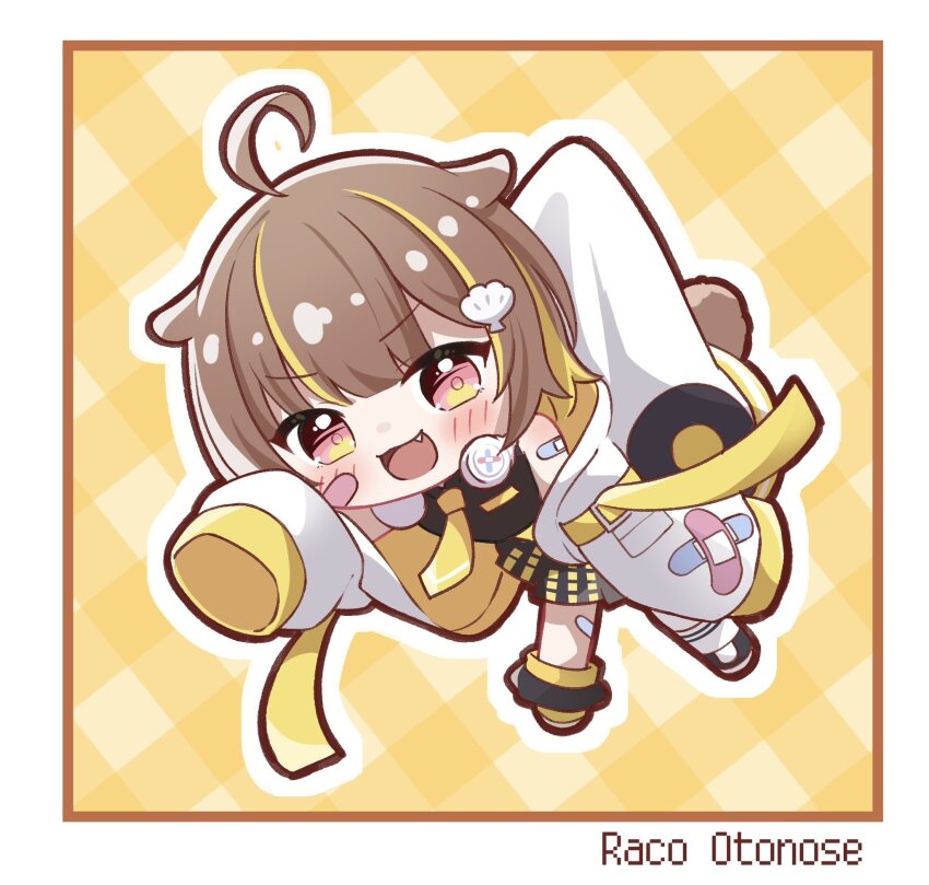 1girl :3 :d ahoge animal_ears asymmetrical_footwear bandaid bandaid_on_arm bandaid_on_face black_footwear black_shirt black_skirt blonde_hair blunt_bangs blush border brown_hair character_name chibi collared_shirt commentary_request crossed_bandaids fang gingham_background headphones headphones_around_neck highres jacket kiryu_(sora_no_iroto) long_hair long_sleeves million_production miniskirt mismatched_footwear multicolored_eyes multicolored_hair necktie off_shoulder open_mouth otonose_raco otter_ears otter_girl otter_tail outline pink_eyes shell_hair_ornament shirt shoes skirt sleeveless sleeveless_shirt sleeves_past_fingers sleeves_past_wrists smile solo streaked_hair tail v-shaped_eyebrows virtual_youtuber white_border white_headphones white_jacket white_outline yellow_eyes yellow_necktie yellow_shoes