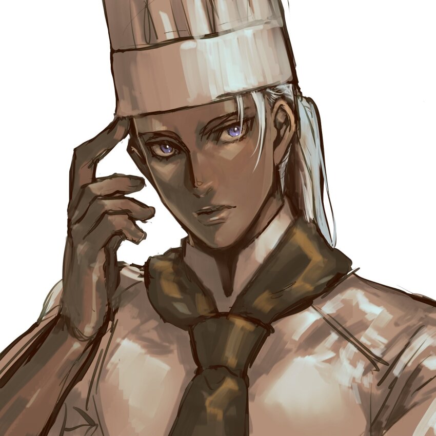 alternate_costume alternate_hairstyle arm_up blue_eyes chef chef_hat collared_shirt commentary_request dark-skinned_male dark_skin finger_to_head flat_top_chef_hat guilty_gear hat highres kin_mokusei long_hair looking_to_the_side necktie official_alternate_costume official_alternate_hairstyle ponytail shirt simple_background upper_body venom_(guilty_gear) white_background white_hair white_hat