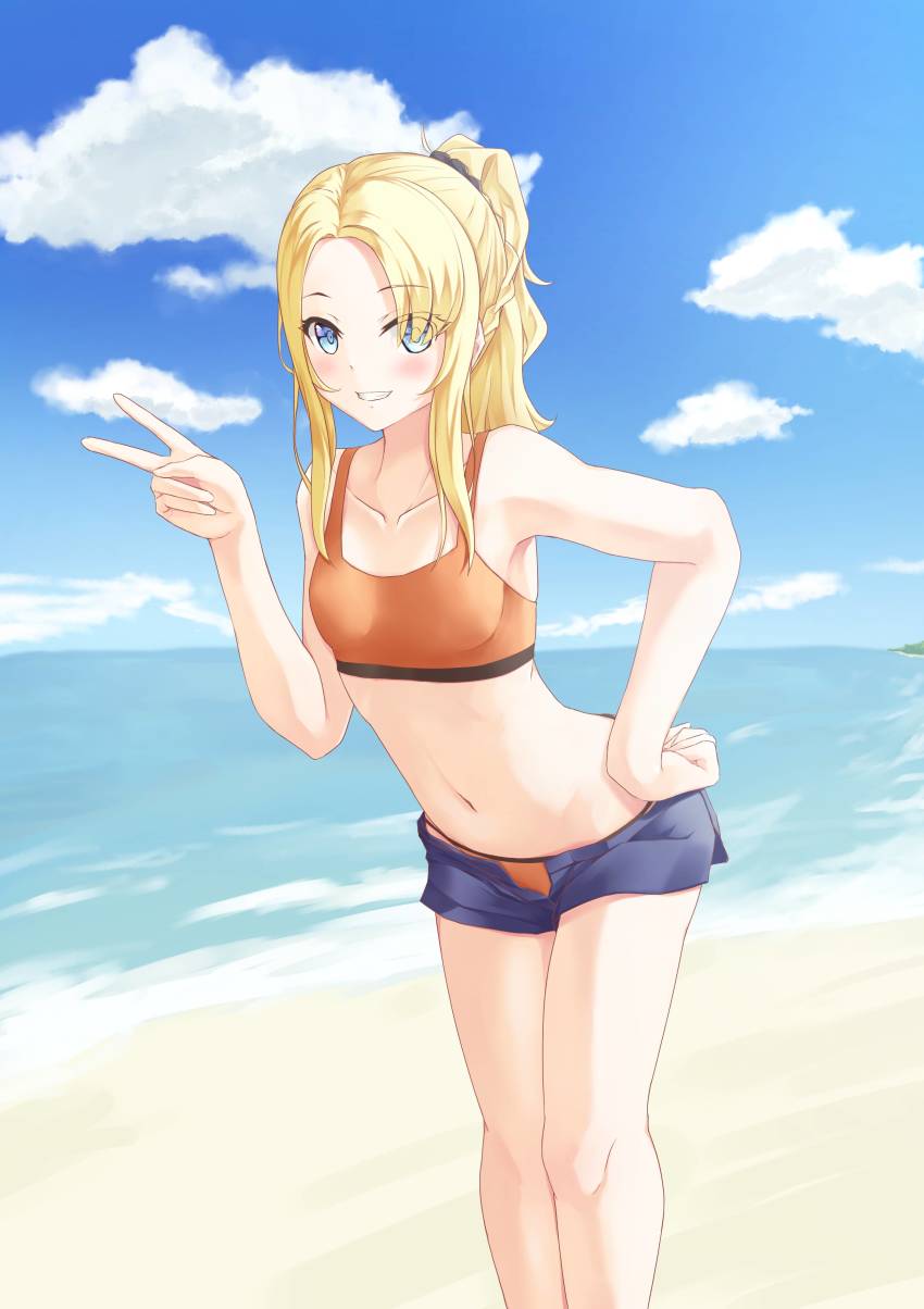 1girl absurdres beach bikini black_scrunchie blonde_hair blue_eyes blue_shorts blue_sky blush breasts cloud collarbone day female_focus grin hair_ornament hair_scrunchie hand_on_own_hip high_ponytail highres leaning_forward long_hair looking_at_viewer micro_shorts navel ocean open_clothes open_shorts orange_bikini outdoors parted_bangs ponytail rebutsu scrunchie seishun_buta_yarou shorts sky small_breasts smile solo sports_bikini standing swimsuit toyohama_nodoka v