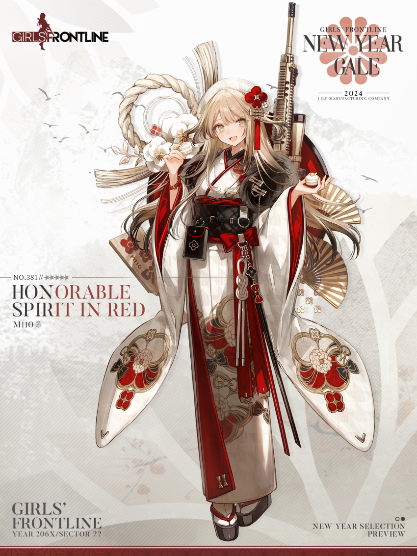 1girl 2024 :d beret black_bag black_hair black_sandals black_sash black_shawl blonde_hair bow_print character_name chocoan colored_tips commentary copyright_name english_commentary floral_print floral_print_kimono flower food full_body fur_shawl girls&#039;_frontline gradient_hair grey_eyes gun hagoita hat highres holding holding_food japanese_clothes kimono layered_kimono light_blush long_hair long_sleeves looking_at_viewer m110_(girls&#039;_frontline) m110_(honorable_spirit_in_red)_(girls&#039;_frontline) m110_sass macaron multicolored_hair obi official_alternate_costume official_art okobo open_mouth paddle platform_sandals pouch print_kimono promotional_art red_kimono rifle rope sandals sash second-party_source shawl shimenawa smile sniper_rifle socks solo standing star_(symbol) tabi very_long_hair weapon white_flower white_hat white_kimono white_socks wide_sleeves