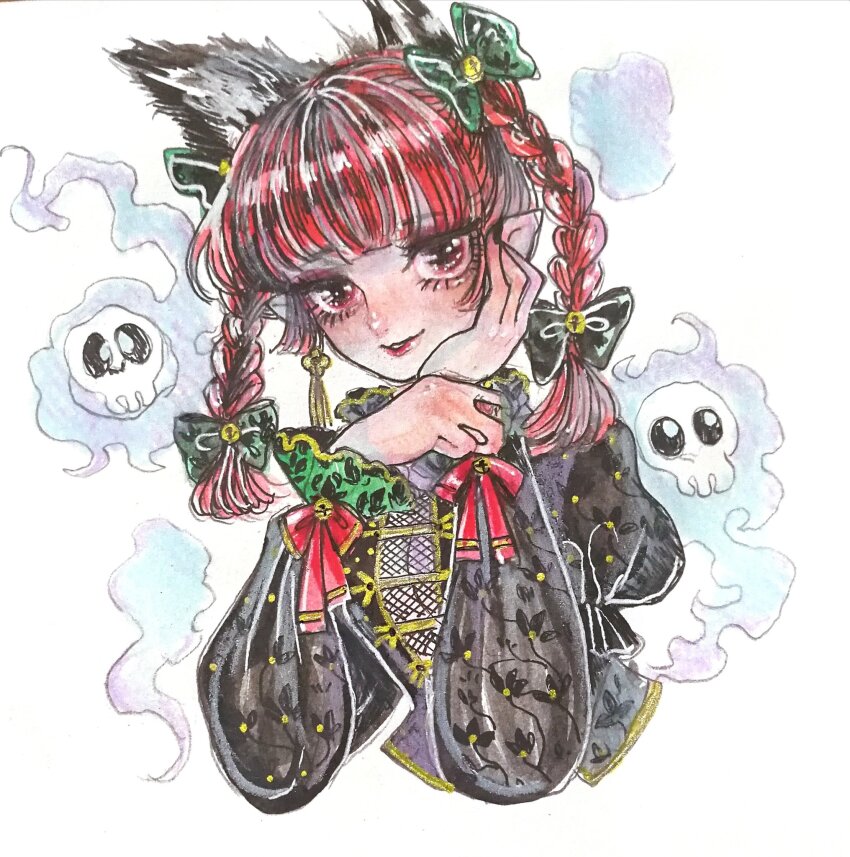 1girl animal_ears bell black_dress blunt_bangs bow braid cat_ears cleavage_cutout clothing_cutout collar cropped_torso dress earrings endless_knot fire fishnet_top fishnets flaming_skull floating_skull frilled_collar frilled_sleeves frills gold_trim green_bow hair_bow hand_on_own_cheek hand_on_own_face head_rest highres jewelry jingle_bell juliet_sleeves kaenbyou_rin lipstick long_sleeves makeup multiple_hair_bows painting_(medium) patterned_clothing puffy_sleeves red_bow red_hair skull solo surume_(surumemodoki) tassel tassel_earrings touhou traditional_media twin_braids watercolor_(medium) white_background