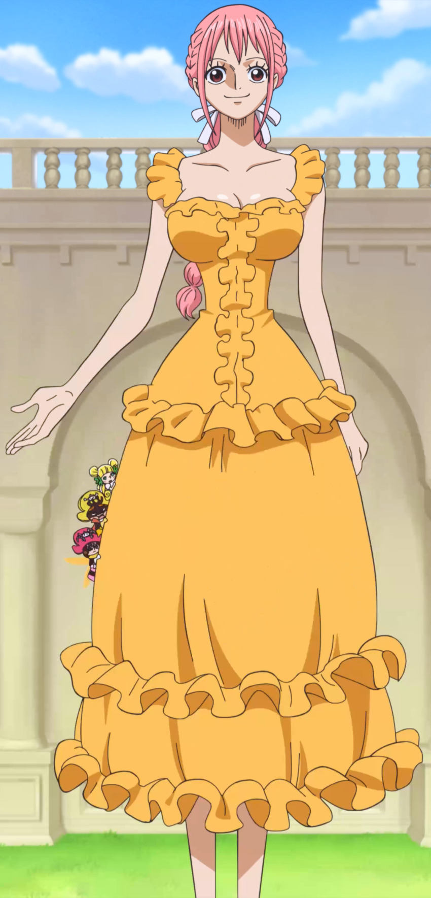 2boys 2girls absurdres blonde_hair blue_skirt braid breasts brown_eyes character_request cleavage curvy dress gloves hat highres large_breasts long_hair looking_at_viewer mansherry_(one_piece) multiple_boys multiple_girls one_piece pink_hair pirate_hat rebecca_(one_piece) screencap shiny_skin skirt sky smile standing third-party_edit wide_hips