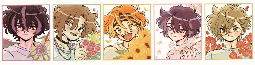 18trip 5boys absurdres black_choker black_hair blush border brown_hair choker chokki_01 falling_petals flower green_eyes hair_between_eyes headband highres holding holding_flower isotake_akuta kaguya_muneuji kinugawa_kiroku kurama_ushio looking_at_viewer male_focus multicolored_hair multiple_boys nanamegi_nanaki orange_hair parted_bangs petals pink_flower pink_petals purple_eyes red_eyes red_flower red_petals smile streaked_hair sunflower upper_body white_border yellow_petals