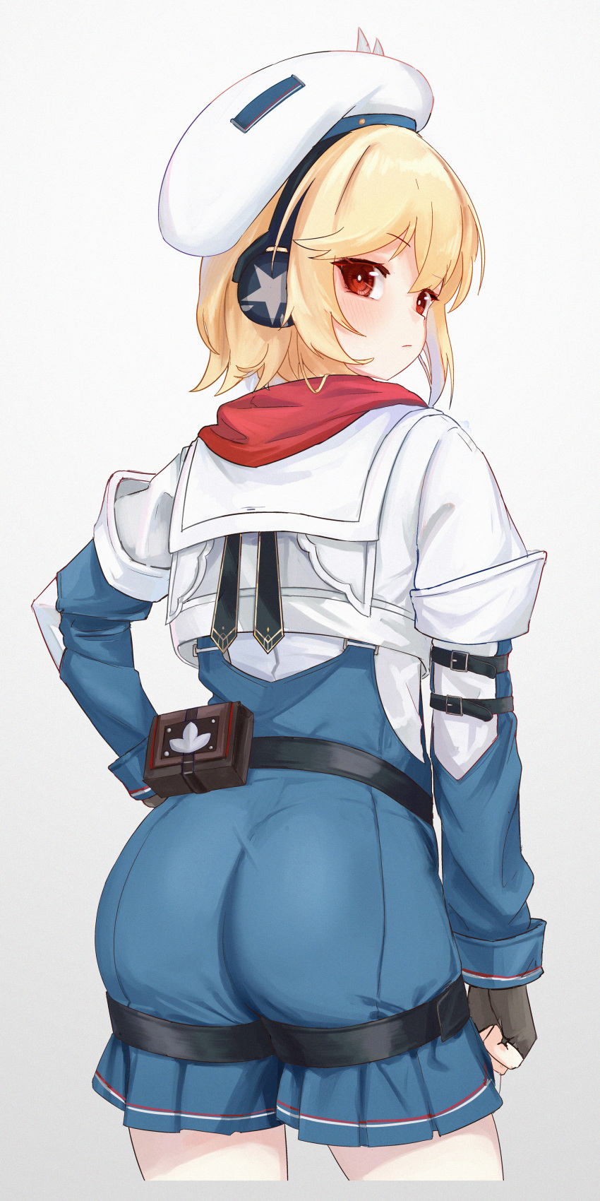 1girl absurdres ass ass_focus belt belt_pouch beret black_gloves black_neckerchief blonde_hair blue_jumpsuit closed_mouth fingerless_gloves from_behind girls&#039;_frontline girls&#039;_frontline_2:_exilium gloves grey_background hand_on_own_hip hat headphones highres jumpsuit light_leave looking_at_viewer looking_back medium_hair nagant_revolver_(girls&#039;_frontline) neckerchief petite pouch red_eyes red_scarf scarf shirt short_jumpsuit simple_background solo thigh_strap two-tone_jumpsuit upper_body white_hat white_shirt