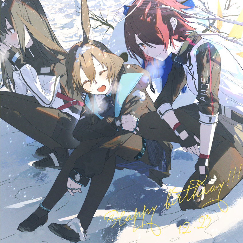 3girls :d amiya_(arknights) angel animal_ears arknights ascot black_capelet black_footwear black_gloves black_hair black_pantyhose black_shorts black_skirt blue_ascot blue_sky blush branch breath brown_eyes brown_hair capelet closed_eyes commentary_request dated detached_wings double-parted_bangs energy_wings english_text exusiai_(arknights) fingerless_gloves full_body gloves hair_between_eyes hair_over_one_eye halo happy_birthday highres hood hood_down hooded_jacket jacket jewelry knees_up loafers long_hair looking_at_viewer multiple_girls neck_ring open_clothes open_jacket open_mouth outdoors pantyhose plaid_clothes plaid_skirt pleated_skirt qtian rabbit_ears red_eyes red_hair shirt shoes short_shorts shorts sidelocks sitting skirt sky sleeves_rolled_up smile snow snow_on_head snowing squatting teeth texas_(arknights) upper_teeth_only warming_hands white_jacket white_shirt wings winter wolf_ears