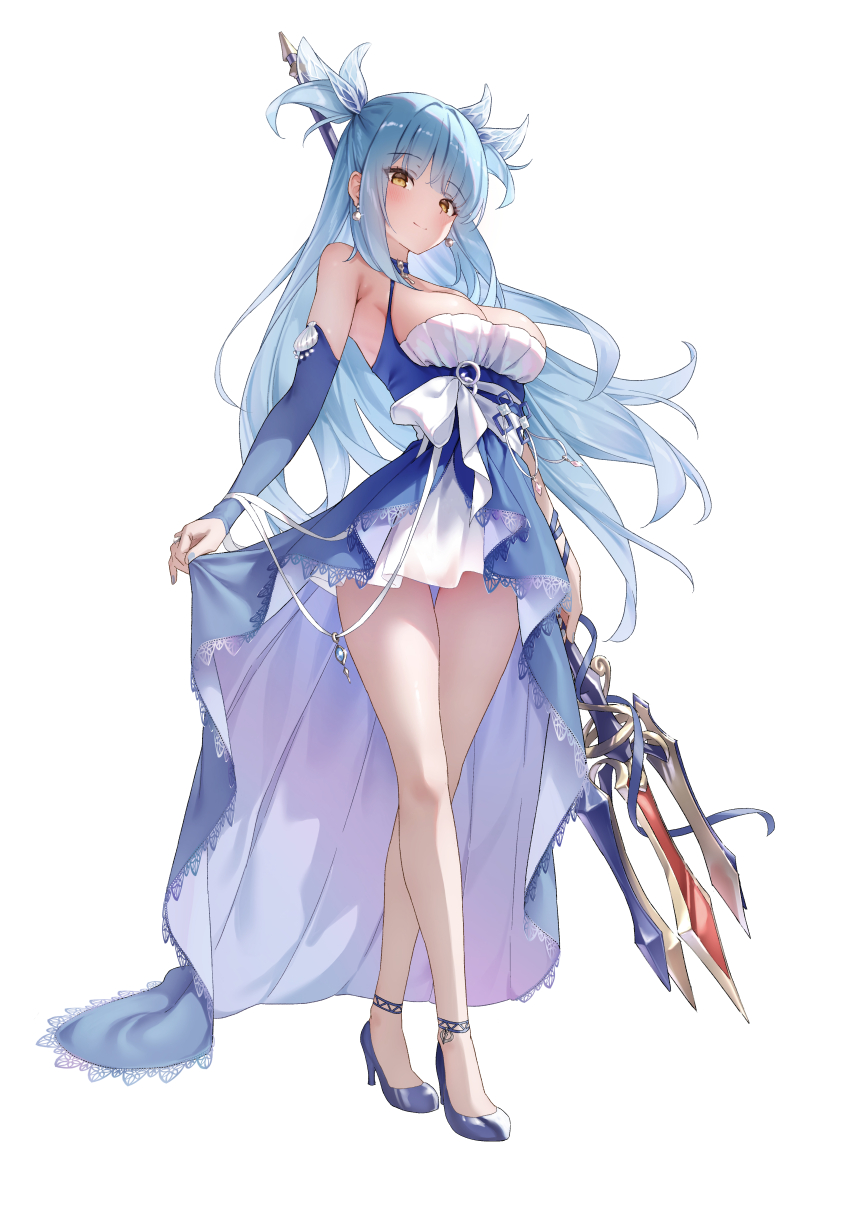 1girl absurdres azur_lane bare_shoulders blue_dress blue_eyes blue_footwear blue_hair blush breasts classic_(zildjian33) cleavage closed_mouth commentary_request crossed_legs dress full_body high_heels highres holding holding_polearm holding_weapon long_hair looking_at_viewer medium_breasts neptune_(azur_lane) polearm simple_background skirt_hold smile solo standing thighs trident two-tone_dress two_side_up weapon white_background white_dress yellow_eyes