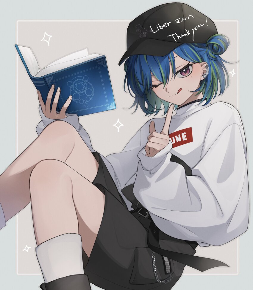 1girl :q baseball_cap belt black_belt black_boots black_hat black_shorts blue_hair book boots chain closed_mouth commentary_request double_bun feet_out_of_frame fingernails flat_chest green_hair grey_background hair_between_eyes hair_bun hat hexagram highres holding holding_book index_finger_raised long_bangs long_sleeves looking_at_viewer marotani mole mole_under_eye multicolored_hair nanashi_inc. official_alternate_costume one_eye_closed open_book pink_eyes pocket second-party_source short_hair shorts smile socks solo split_mouth suzumi_nemo suzumi_nemo_(2nd_costume) sweater tongue tongue_out two-tone_hair virtual_youtuber white_socks white_sweater