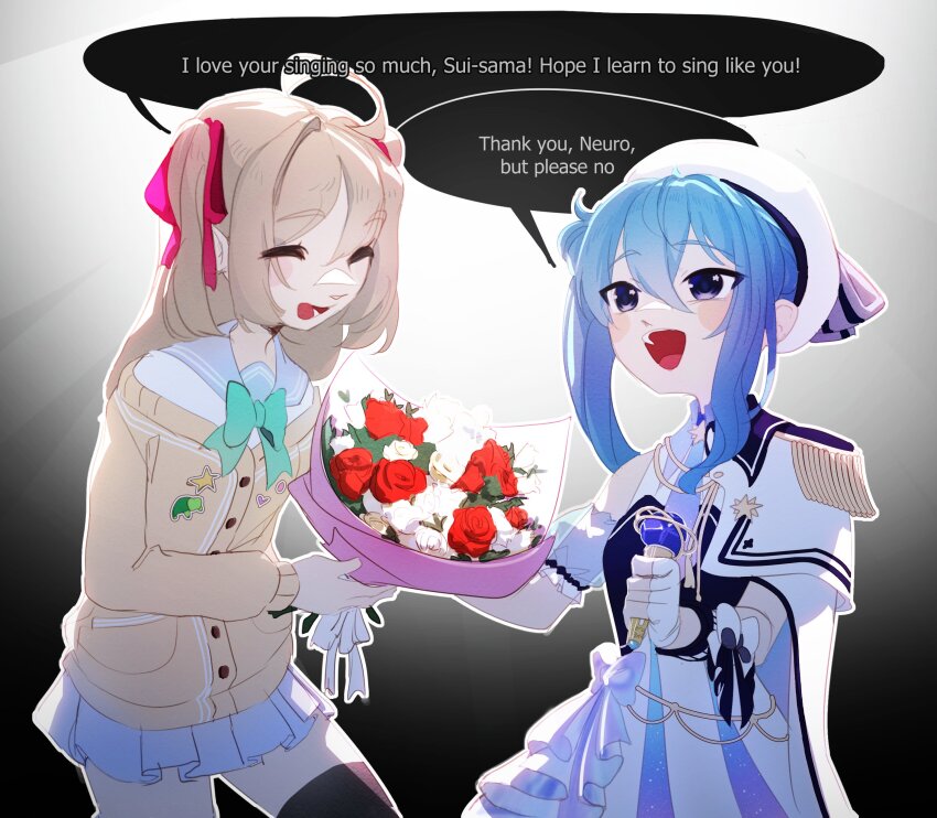 2girls absurdres ahoge aqua_bow aqua_bowtie ascot beret black_thighhighs blue_eyes blue_hair blue_sailor_collar blue_skirt bouquet bow bowtie brown_hair buttons cardigan closed_eyes commentary commission cowboy_shot english_commentary epaulettes flower frills from_side gloves gradient_background hair_between_eyes hair_ribbon hat heart_button highres holding holding_bouquet holding_microphone hololive hoshimachi_suisei hoshimachi_suisei_(supernova) hoshimachi_suisei_(old_design) indie_virtual_youtuber keshink long_hair long_sleeves microphone multiple_girls neuro-sama off-shoulder_cardigan official_alternate_costume open_mouth osu! partially_fingerless_gloves pleated_skirt red_flower red_ribbon red_rose ribbon rose sailor_collar school_uniform serafuku single_epaulette skirt speech_bubble star_button thighhighs turtle_button two_side_up v-neck virtual_youtuber white_gloves white_hat white_serafuku white_skirt yellow_cardigan
