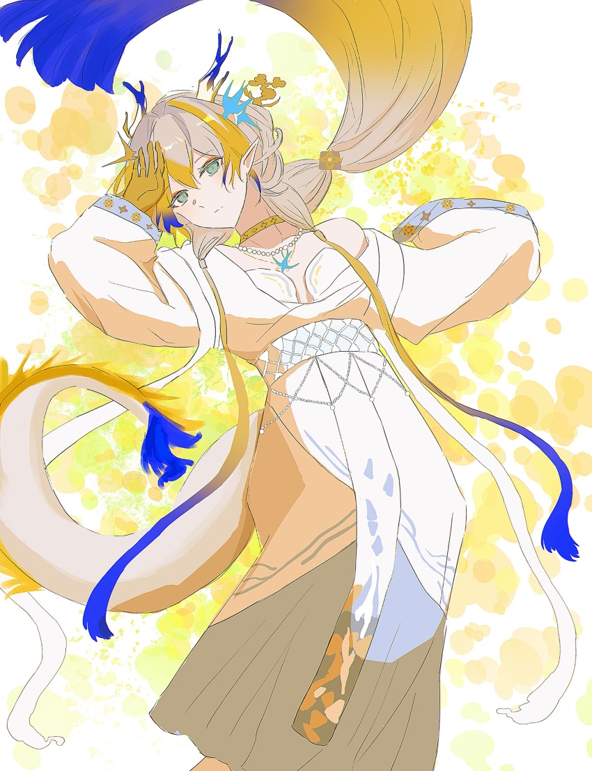 1girl absurdres ambience_synesthesia arknights arm_up bare_shoulders bellisword blonde_hair blue_hair chinese_commentary choker closed_mouth colored_extremities commentary_request dragon_girl dragon_horns dragon_tail dress expressionless floating floating_hair green_eyes grey_hair hair_between_eyes highres horns jewelry long_dress long_hair long_sleeves multicolored_hair necklace off_shoulder official_alternate_costume orange_pupils pearl_necklace pointy_ears shu_(arknights) single_sleeve_past_fingers solo split_mouth tail very_long_hair white_dress yellow_choker