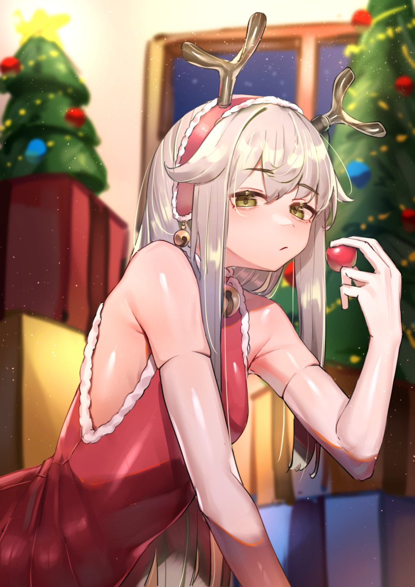 1girl absurdres antlers arknights bare_shoulders bell box breasts christmas christmas_tree cosplay deer_antlers deer_girl dress elbow_gloves firewatch_(arknights) fur-trimmed_dress fur_trim gift gift_box gloves green_eyes grey_gloves grey_hair hair_between_eyes hairband highres holding_nose horns indoors kirigirisu1221 long_hair looking_at_viewer neck_bell red_dress red_hairband rudolph_the_red_nosed_reindeer rudolph_the_red_nosed_reindeer_(cosplay) sleeveless sleeveless_dress small_breasts solo very_long_hair window