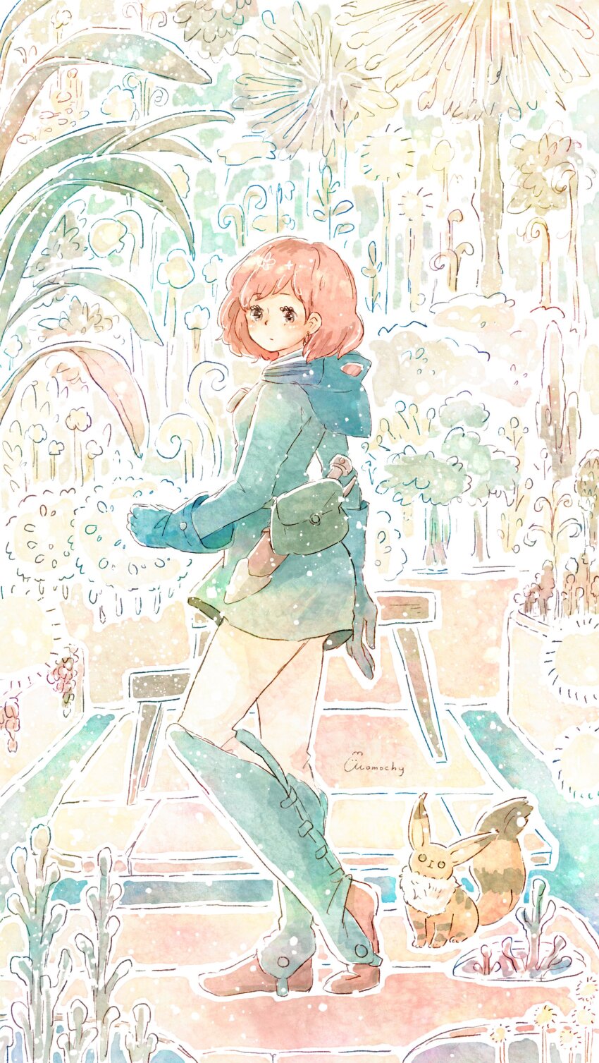 1girl absurdres animal belt_pouch blue_dress blue_gloves brown_hair commentary_request dress flower full_body gaiters gloves highres hooded_dress kaze_no_tani_no_nausicaa leg_warmers looking_back momochy nausicaa pants pouch short_hair teto_(nausicaa) white_pants