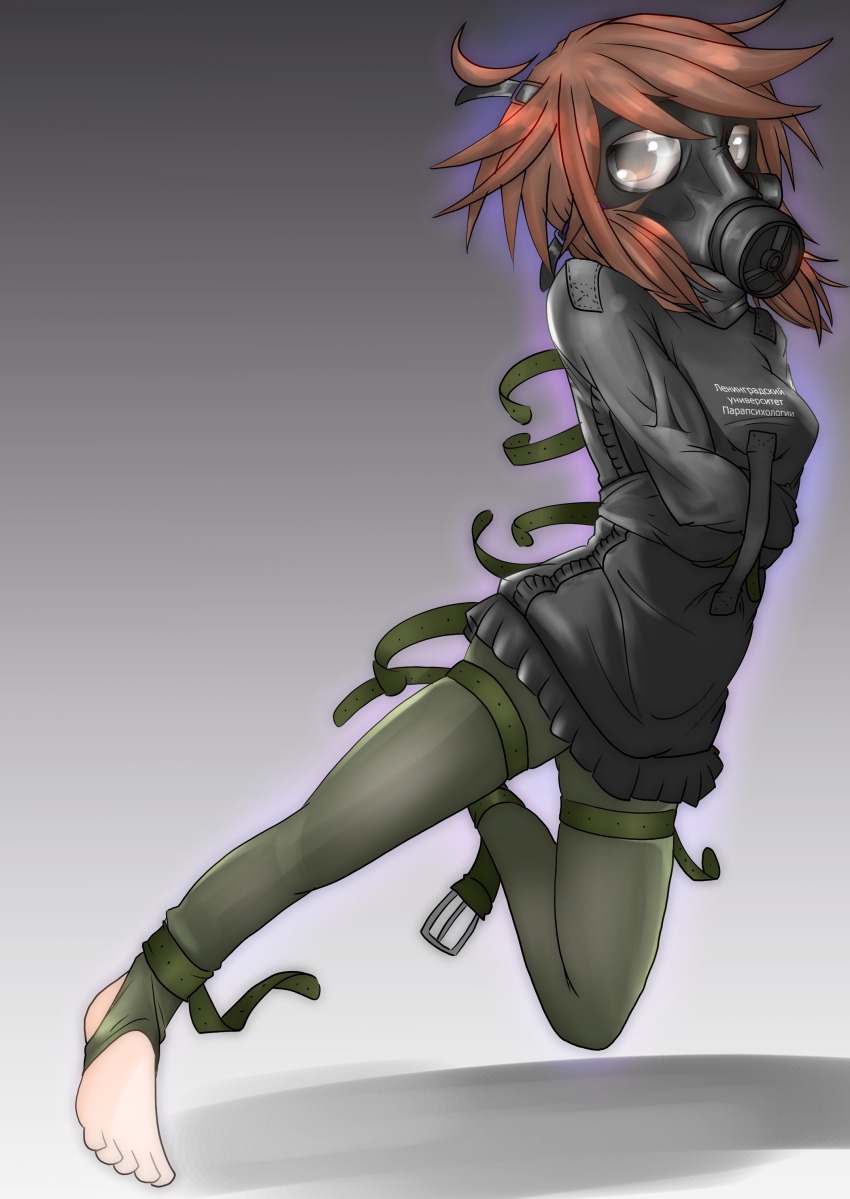 absurdres ahoge bdsm belt belt_buckle bondage bound brown_eyes brown_hair buckle clothes_writing cosplay gas_mask gradient_background highres looking_at_viewer low_twintails mask menou messy_hair metal_gear_(series) metal_gear_solid_v:_the_phantom_pain psycho_mantis psycho_mantis_(cosplay) russian_text solo stirrup_legwear straitjacket toeless_legwear touhou twintails usami_sumireko