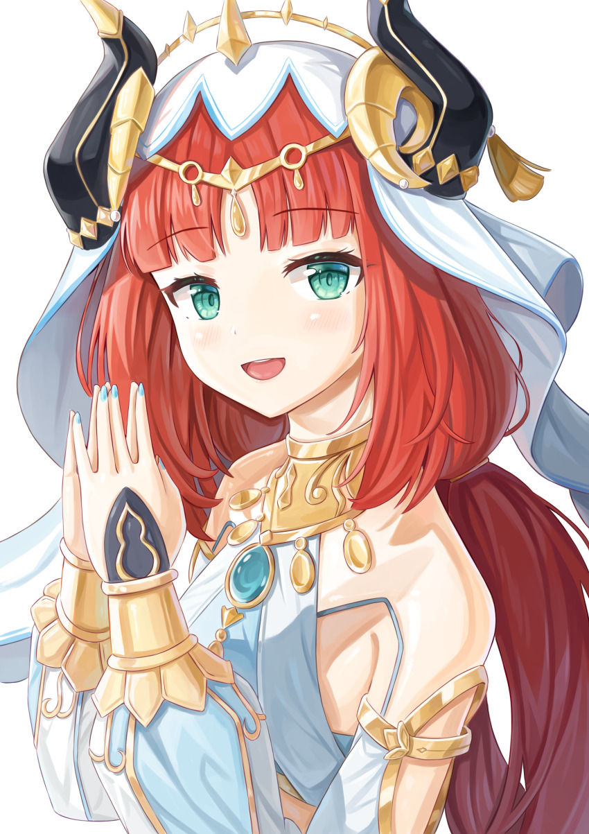 1girl absurdres black_horns blue_brooch brooch chinese_commentary commentary_request detached_sleeves genshin_impact gold_trim green_eyes harem_outfit highres horns jewelry long_hair looking_at_viewer low_twintails mixed-language_commentary nilou_(genshin_impact) open_mouth osom9525 own_hands_together partial_commentary puffy_detached_sleeves puffy_sleeves red_hair simple_background smile solo steepled_fingers twintails upper_body veil white_background white_sleeves white_veil