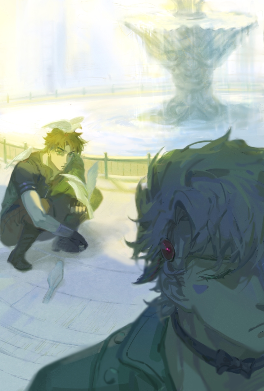 2boys animal animal_on_head battle_tendency bird bird_on_head caesar_anthonio_zeppeli facial_mark feather_hair_ornament feathers fingerless_gloves fountain gloves green_eyes hair_ornament highres jojo_no_kimyou_na_bouken joseph_joestar joseph_joestar_(young) male_focus mitus multiple_boys muted_color on_head pigeon squatting