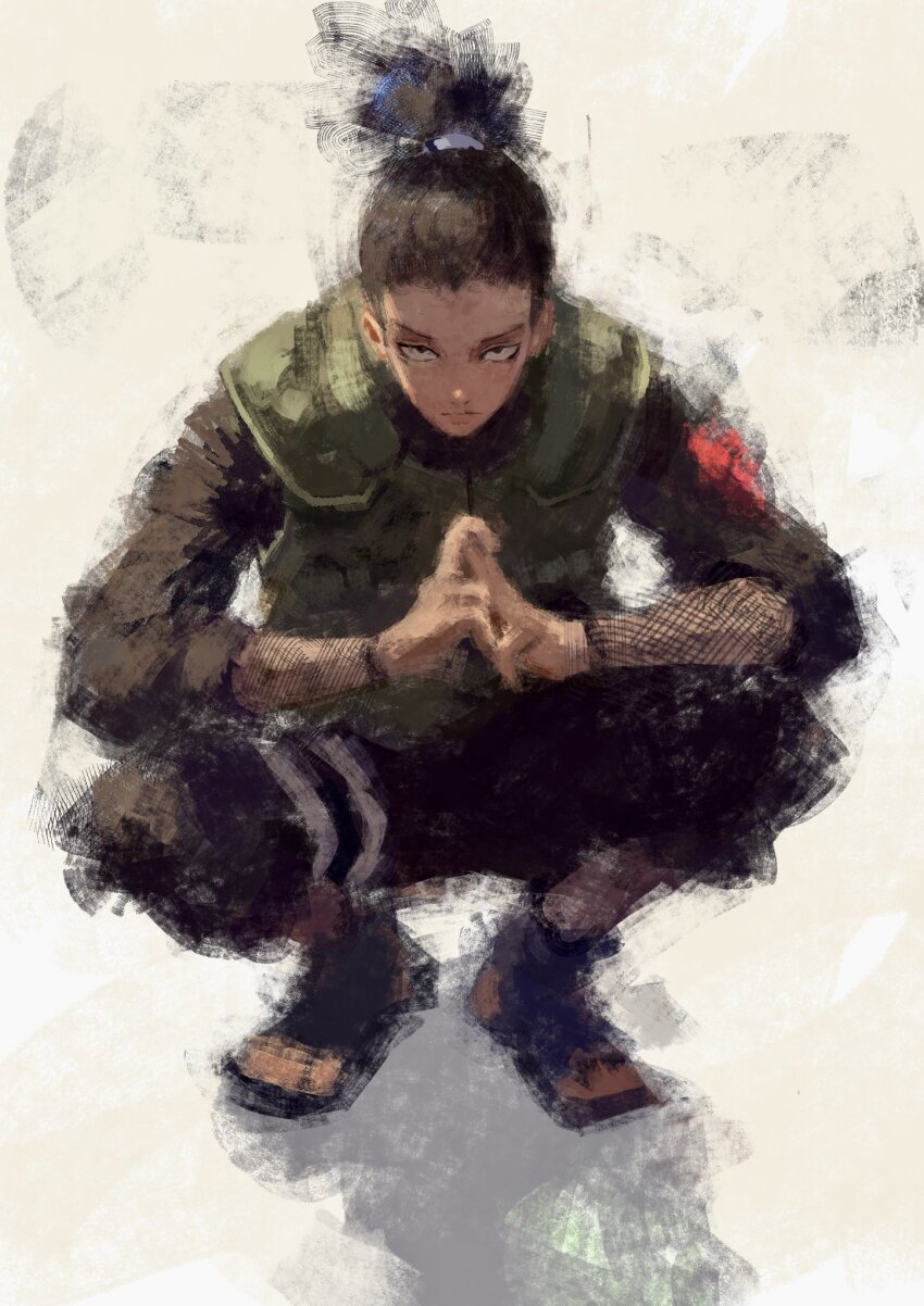 1boy black_eyes brown_shirt expressionless fuyumurasaki green_vest highres looking_at_viewer male_focus naruto_(series) shirt short_hair solo squatting umino_iruka vest