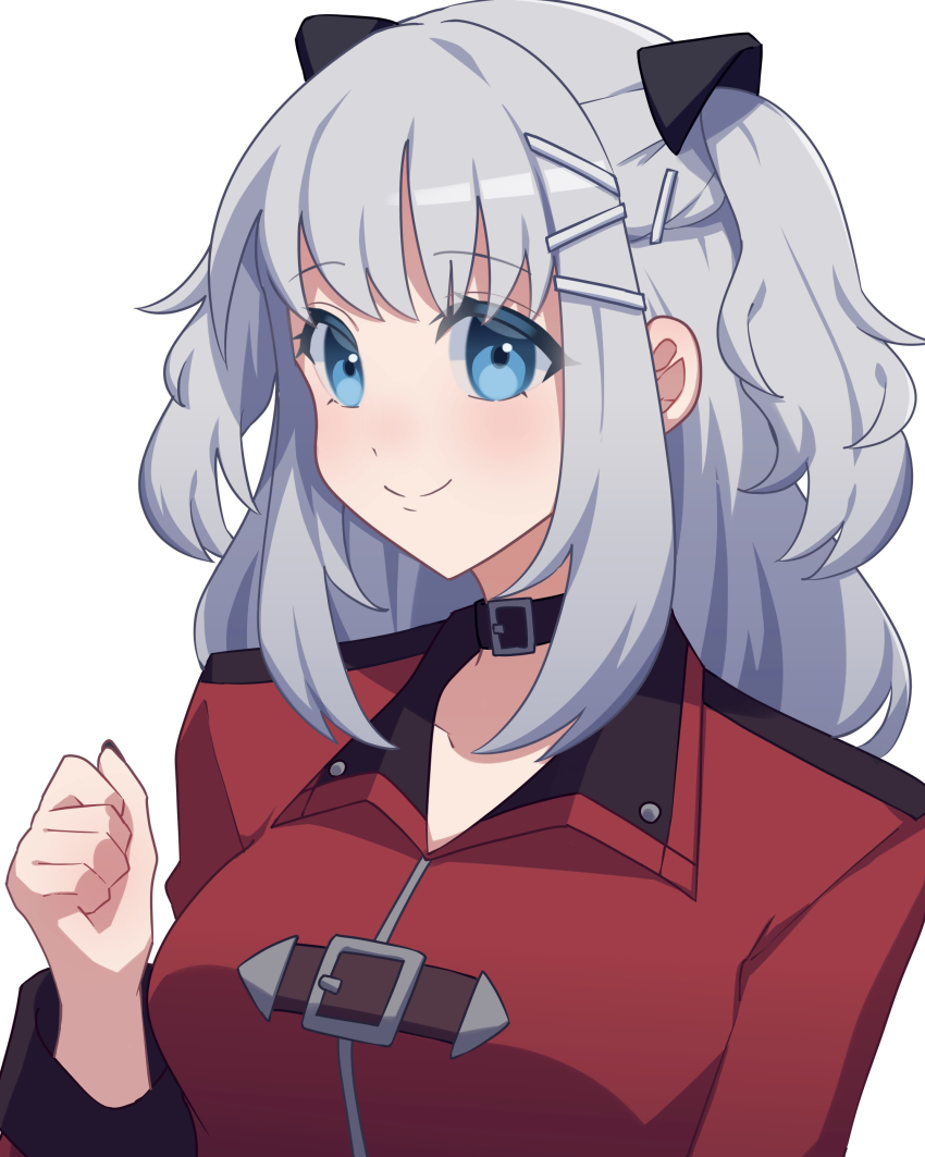 1girl absurdres belt belt_buckle belt_collar black_belt black_nails blue_eyes blush breasts buckle collar collarbone freya_(kingdom_hearts) grey_hair hair_between_eyes hair_ornament highres jacket kingdom_hearts kingdom_hearts_missing-link long_hair long_sleeves looking_at_viewer medium_breasts medium_hair red_jacket sidelocks simple_background smile solo two_side_up upper_body w3n6ev white_background